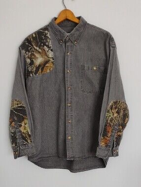 Vintage Konka Camo Heavy Gray Denim Hunting Shirt Gorpcore Outdoor Utility - XL